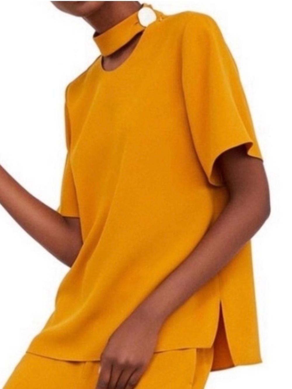 Zara Women's Yellow Choker Neck Short Sleeve Top